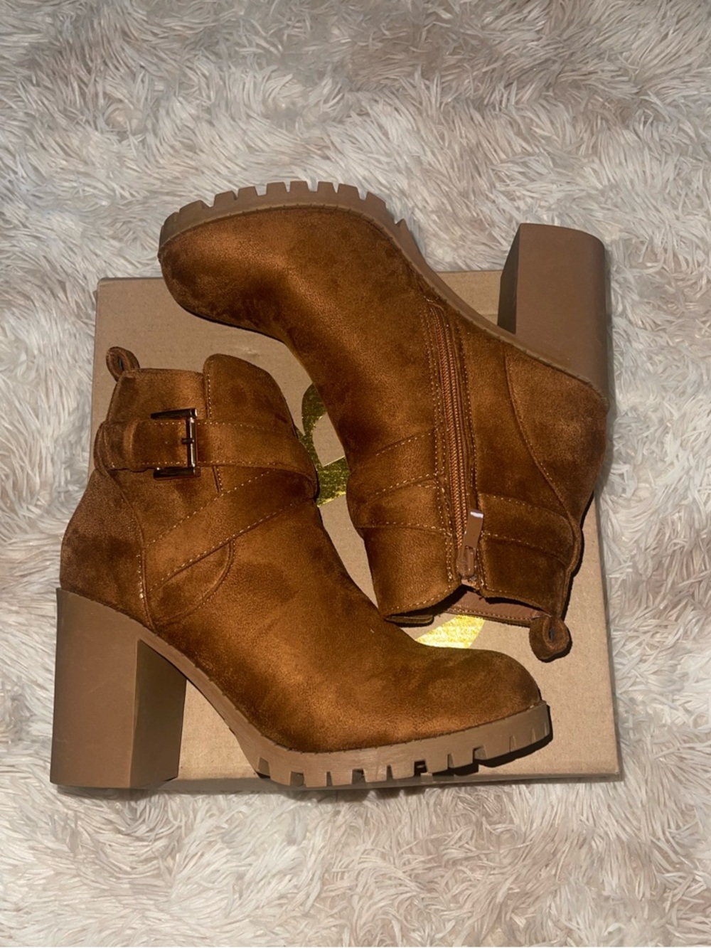 Charlotte Russe Tan Suede Buckle Block Heel Ankle Boots - Picture 4 of 4